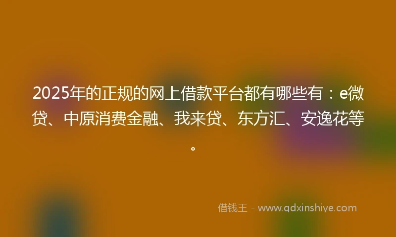 2025年的正规的网上借款平台都有哪些有：e微贷、中原消费金融、我来贷、东方汇、安逸花等。