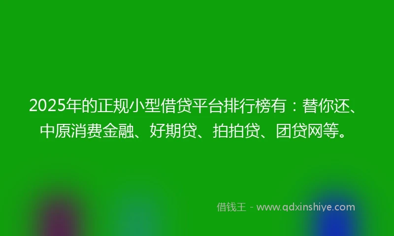 2025年的正规小型借贷平台排行榜有：替你还、中原消费金融、好期贷、拍拍贷、团贷网等。