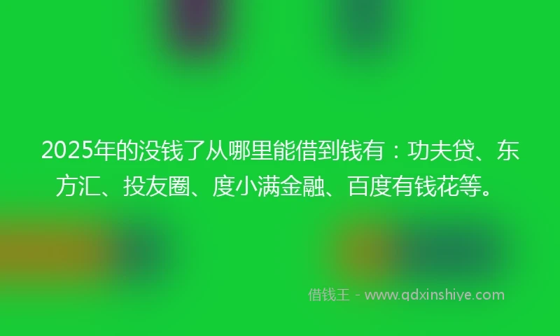 2025年的没钱了从哪里能借到钱有：功夫贷、东方汇、投友圈、度小满金融、百度有钱花等。