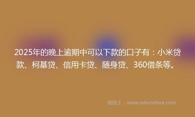 2025年的晚上逾期中可以下款的口子有：小米贷款、柯基贷、信用卡贷、随身贷、360借条等。