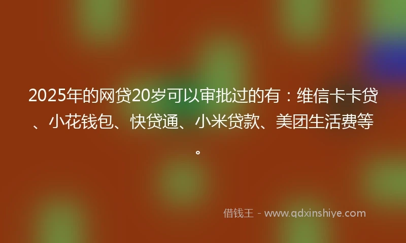 2025年的网贷20岁可以审批过的有：维信卡卡贷、小花钱包、快贷通、小米贷款、美团生活费等。