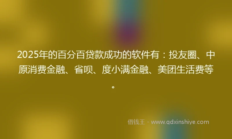 2025年的百分百贷款成功的软件有：投友圈、中原消费金融、省呗、度小满金融、美团生活费等。