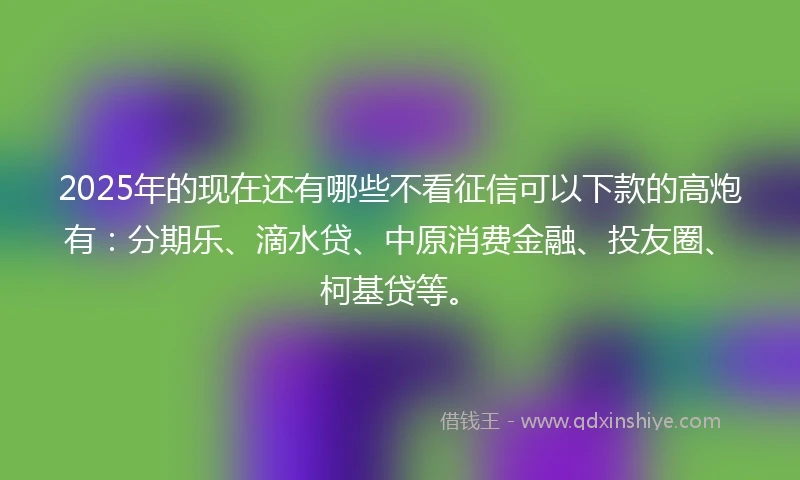 2025年的现在还有哪些不看征信可以下款的高炮有：分期乐、滴水贷、中原消费金融、投友圈、柯基贷等。