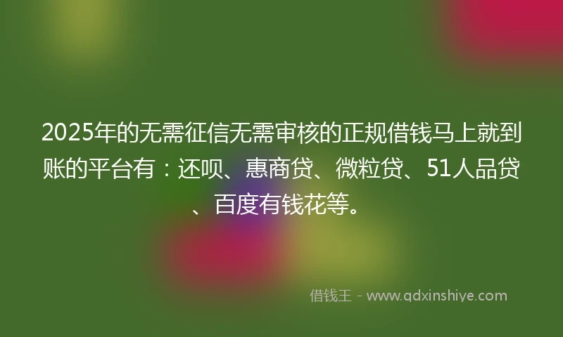 2025年的无需征信无需审核的正规借钱马上就到账的平台有：还呗、惠商贷、微粒贷、51人品贷、百度有钱花等。