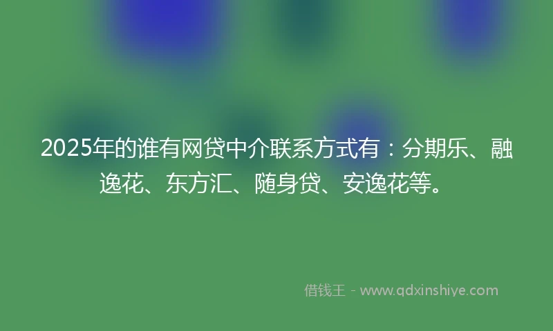 2025年的谁有网贷中介联系方式有：分期乐、融逸花、东方汇、随身贷、安逸花等。