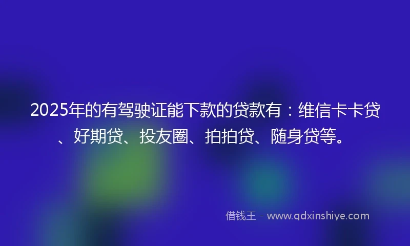 2025年的有驾驶证能下款的贷款有:维信卡卡贷、好期贷、投友圈、拍拍贷、随身贷等。