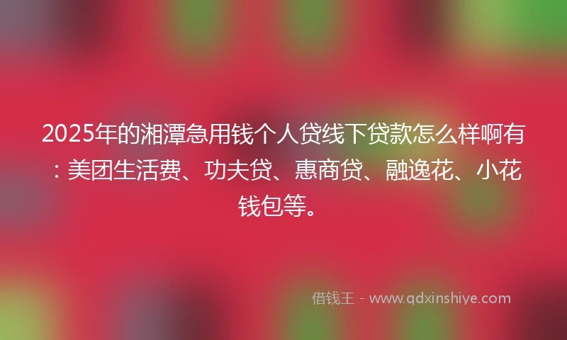 2025年的湘潭急用钱个人贷线下贷款怎么样啊有：美团生活费、功夫贷、惠商贷、融逸花、小花钱包等。