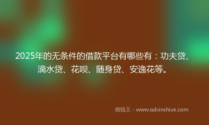 2025年的无条件的借款平台有哪些有：功夫贷、滴水贷、花呗、随身贷、安逸花等。