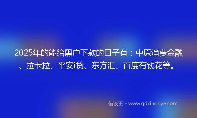 2025年的能给黑户下款的口子有：中原消费金融、拉卡拉、平安i贷、东方汇、百度有钱花等。