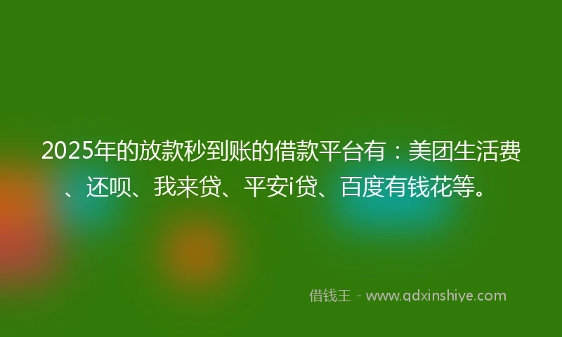 2025年的放款秒到账的借款平台有：美团生活费、还呗、我来贷、平安i贷、百度有钱花等。