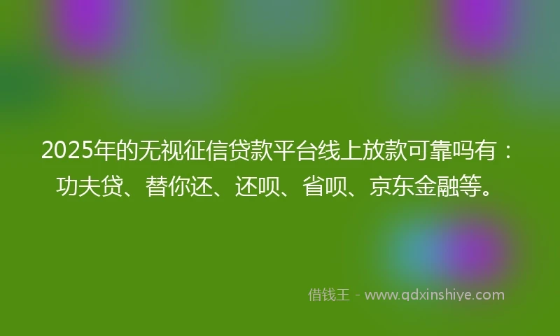 2025年的无视征信贷款平台线上放款可靠吗有：功夫贷、替你还、还呗、省呗、京东金融等。