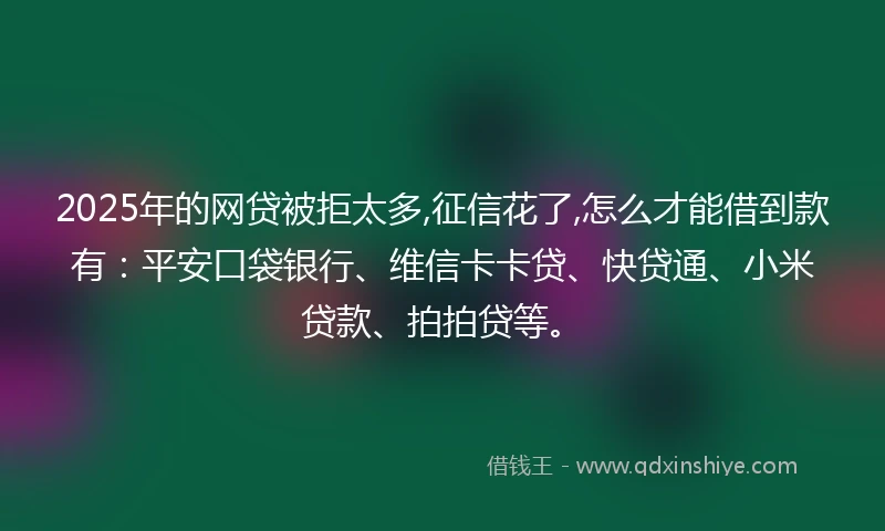 2025年的网贷被拒太多,征信花了,怎么才能借到款有：平安口袋银行、维信卡卡贷、快贷通、小米贷款、拍拍贷等。