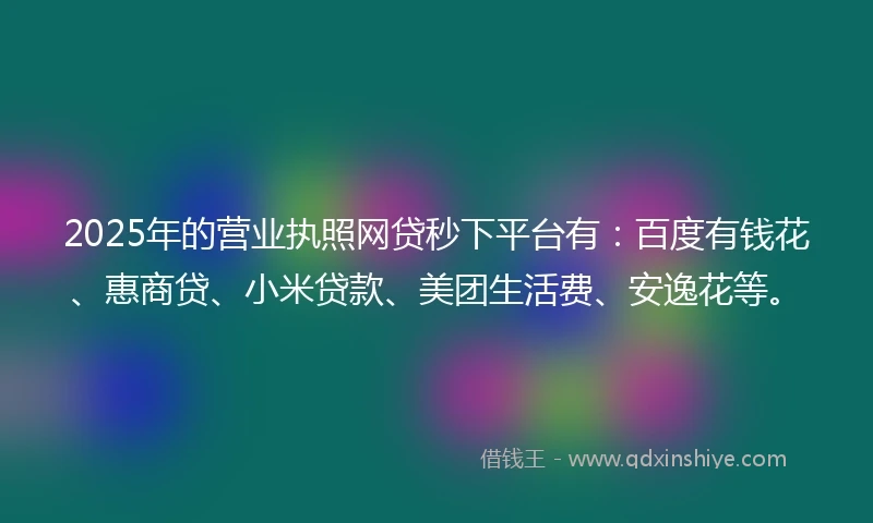 2025年的营业执照网贷秒下平台有：百度有钱花、惠商贷、小米贷款、美团生活费、安逸花等。