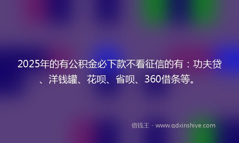 2025年的有公积金必下款不看征信的有：功夫贷、洋钱罐、花呗、省呗、360借条等。
