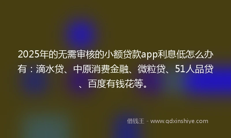 2025年的无需审核的小额贷款app利息低怎么办有：滴水贷、中原消费金融、微粒贷、51人品贷、百度有钱花等。
