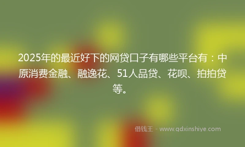 2025年的最近好下的网贷口子有哪些平台有：中原消费金融、融逸花、51人品贷、花呗、拍拍贷等。