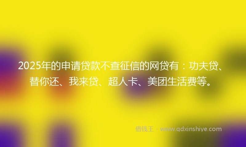2025年的申请贷款不查征信的网贷有：功夫贷、替你还、我来贷、超人卡、美团生活费等。
