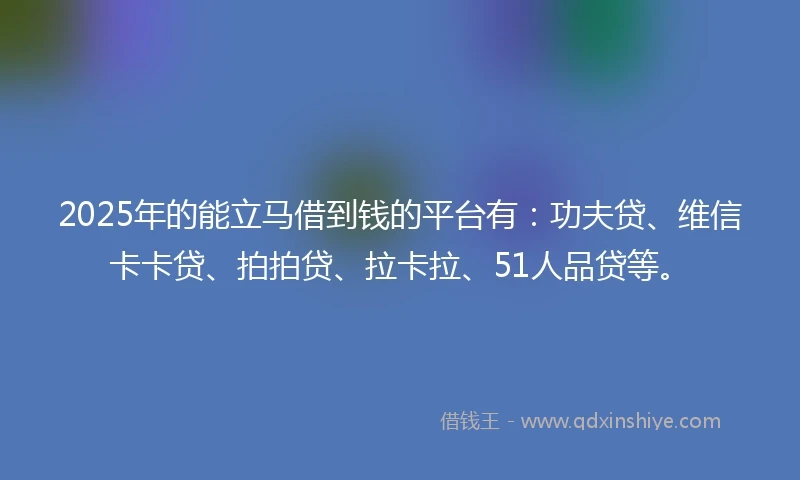 2025年的能立马借到钱的平台有：功夫贷、维信卡卡贷、拍拍贷、拉卡拉、51人品贷等。