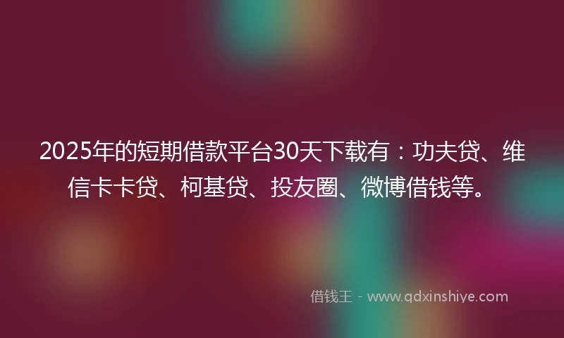 2025年的短期借款平台30天下载有：功夫贷、维信卡卡贷、柯基贷、投友圈、微博借钱等。