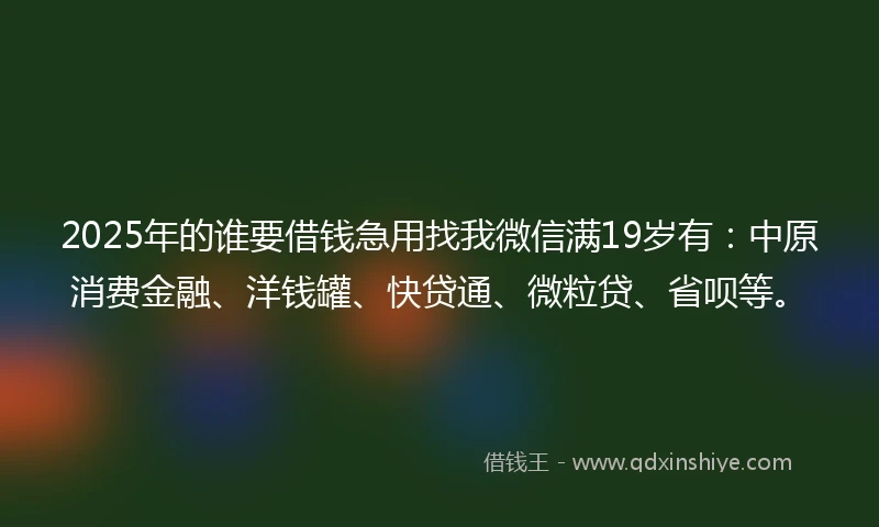 2025年的谁要借钱急用找我微信满19岁有：中原消费金融、洋钱罐、快贷通、微粒贷、省呗等。