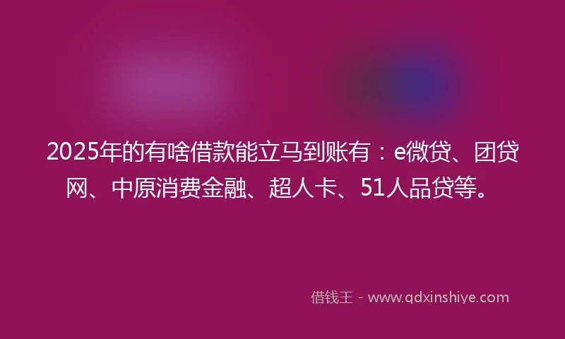 2025年的有啥借款能立马到账有:e微贷、团贷网、中原消费金融、超人卡、51人品贷等。