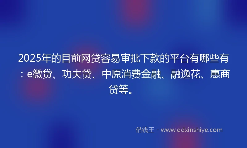 2025年的目前网贷容易审批下款的平台有哪些有：e微贷、功夫贷、中原消费金融、融逸花、惠商贷等。