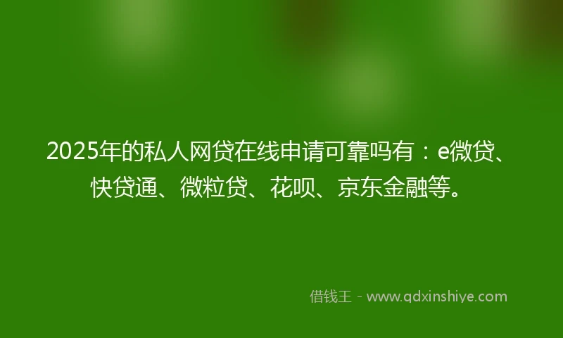 2025年的私人网贷在线申请可靠吗有：e微贷、快贷通、微粒贷、花呗、京东金融等。