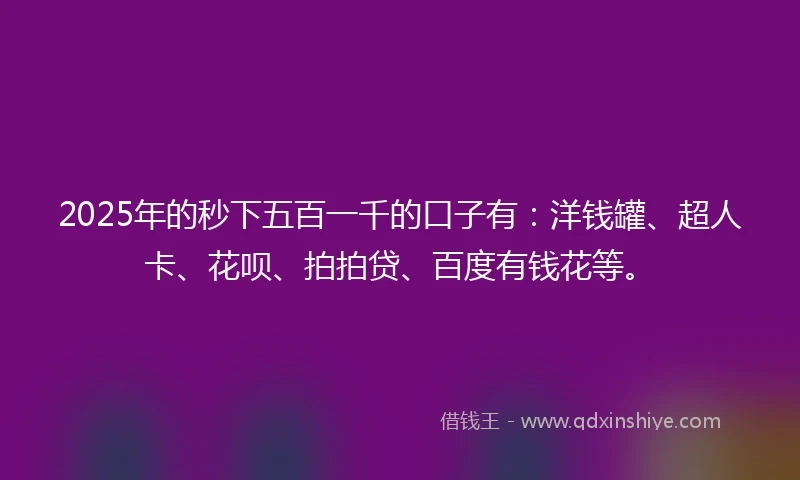 2025年的秒下五百一千的口子有：洋钱罐、超人卡、花呗、拍拍贷、百度有钱花等。