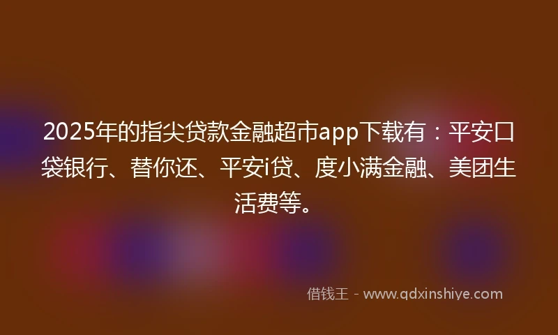 2025年的指尖贷款金融超市app下载有：平安口袋银行、替你还、平安i贷、度小满金融、美团生活费等。