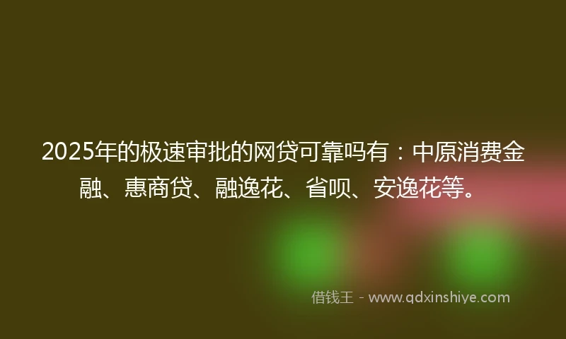 2025年的极速审批的网贷可靠吗有：中原消费金融、惠商贷、融逸花、省呗、安逸花等。