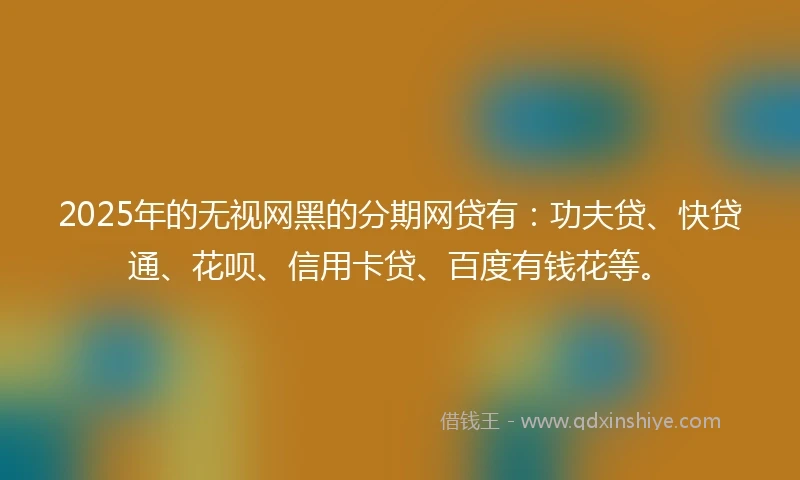 2025年的无视网黑的分期网贷有：功夫贷、快贷通、花呗、信用卡贷、百度有钱花等。