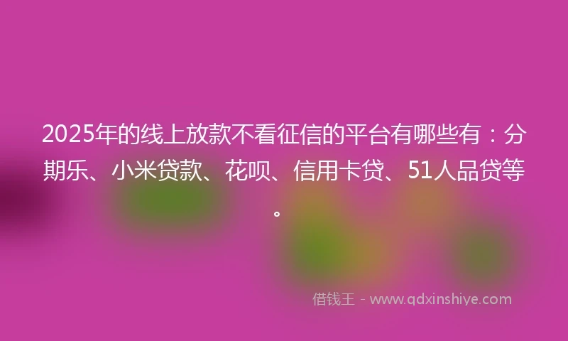 2025年的线上放款不看征信的平台有哪些有：分期乐、小米贷款、花呗、信用卡贷、51人品贷等。