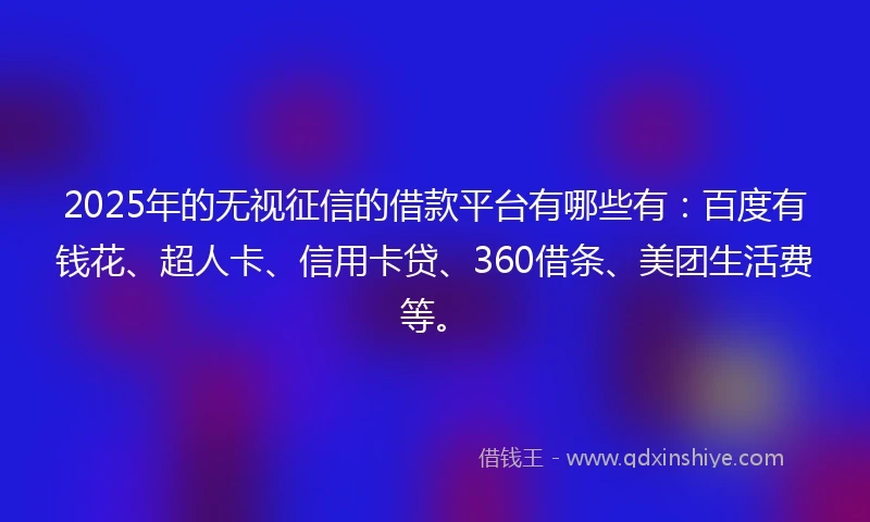 2025年的无视征信的借款平台有哪些有：百度有钱花、超人卡、信用卡贷、360借条、美团生活费等。