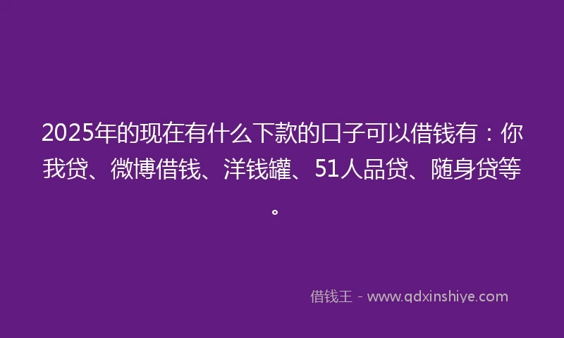 2025年的现在有什么下款的口子可以借钱有：你我贷、微博借钱、洋钱罐、51人品贷、随身贷等。