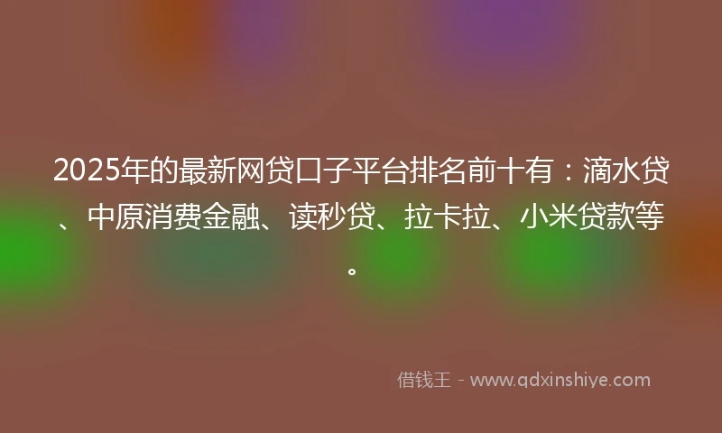 2025年的最新网贷口子平台排名前十有：滴水贷、中原消费金融、读秒贷、拉卡拉、小米贷款等。