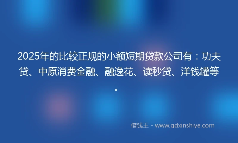 2025年的比较正规的小额短期贷款公司有：功夫贷、中原消费金融、融逸花、读秒贷、洋钱罐等。