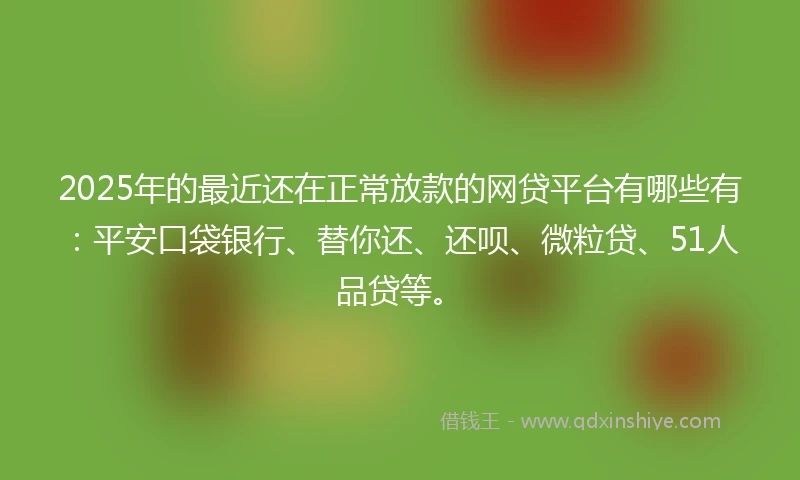 2025年的最近还在正常放款的网贷平台有哪些有：平安口袋银行、替你还、还呗、微粒贷、51人品贷等。