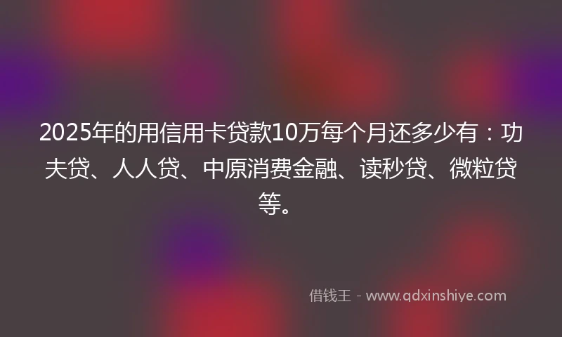 2025年的用信用卡贷款10万每个月还多少有：功夫贷、人人贷、中原消费金融、读秒贷、微粒贷等。