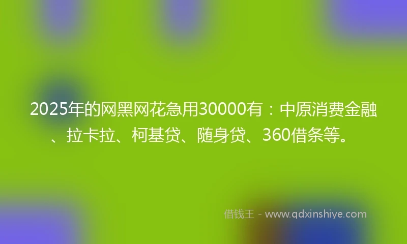 2025年的网黑网花急用30000有：中原消费金融、拉卡拉、柯基贷、随身贷、360借条等。