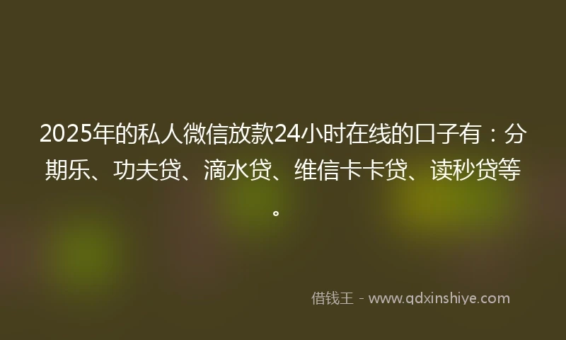2025年的私人微信放款24小时在线的口子有：分期乐、功夫贷、滴水贷、维信卡卡贷、读秒贷等。