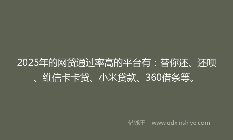 2025年的网贷通过率高的平台有：替你还、还呗、维信卡卡贷、小米贷款、360借条等。