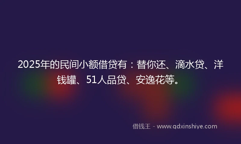 2025年的民间小额借贷有：替你还、滴水贷、洋钱罐、51人品贷、安逸花等。