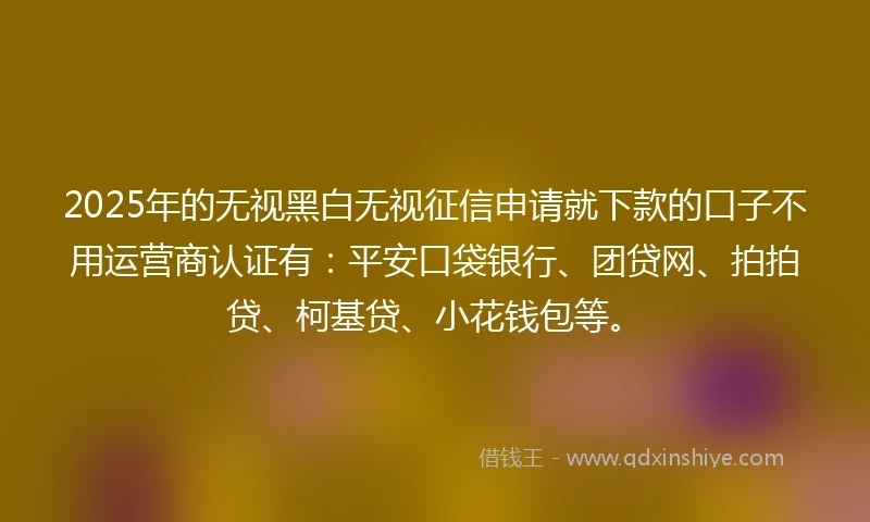 2025年的无视黑白无视征信申请就下款的口子不用运营商认证有：平安口袋银行、团贷网、拍拍贷、柯基贷、小花钱包等。