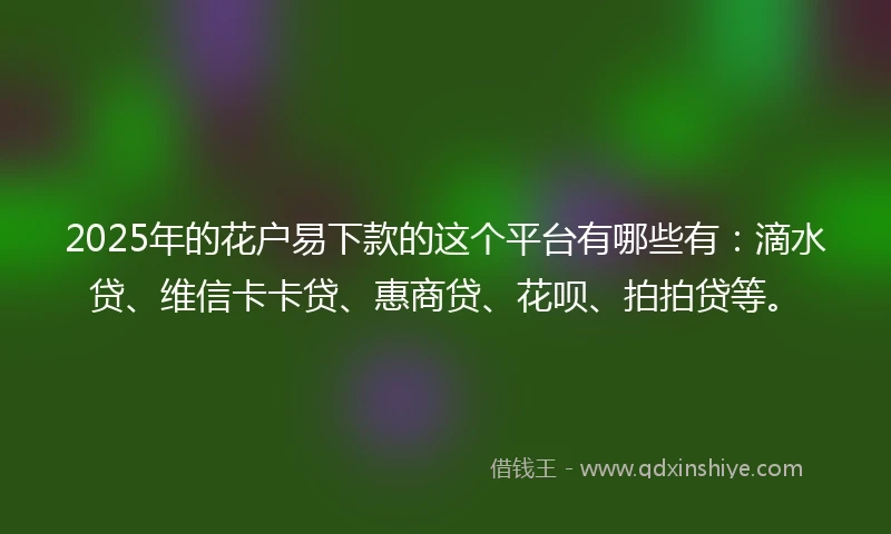 2025年的花户易下款的这个平台有哪些有:滴水贷、维信卡卡贷、惠商贷、花呗、拍拍贷等。
