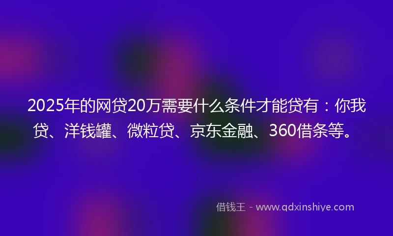 2025年的网贷20万需要什么条件才能贷有：你我贷、洋钱罐、微粒贷、京东金融、360借条等。