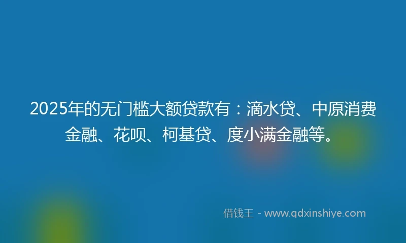 2025年的无门槛大额贷款有:滴水贷、中原消费金融、花呗、柯基贷、度小满金融等。