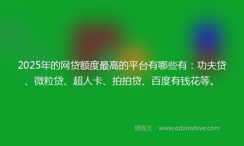 2025年的网贷额度最高的平台有哪些有：功夫贷、微粒贷、超人卡、拍拍贷、百度有钱花等。