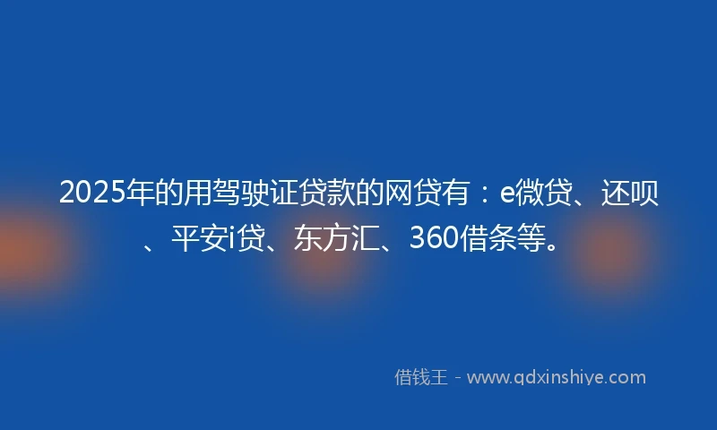 2025年的用驾驶证贷款的网贷有：e微贷、还呗、平安i贷、东方汇、360借条等。