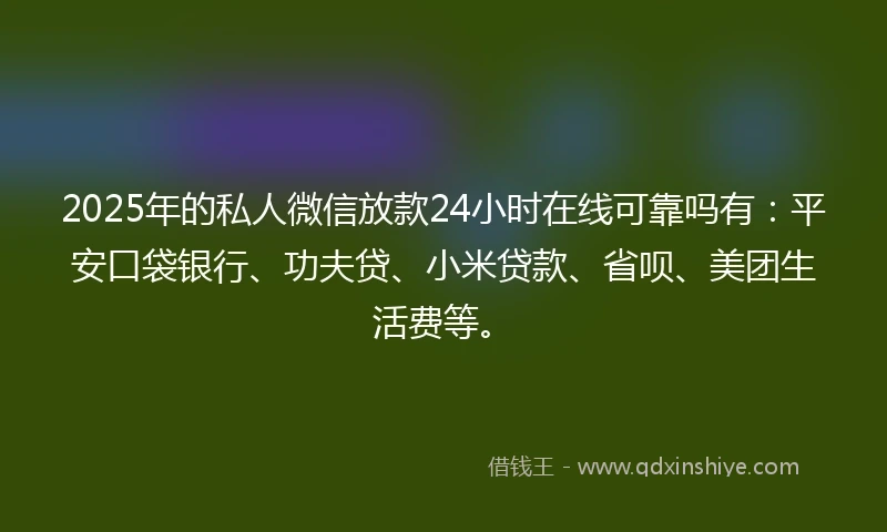 2025年的私人微信放款24小时在线可靠吗有：平安口袋银行、功夫贷、小米贷款、省呗、美团生活费等。