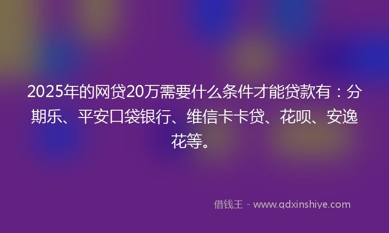 2025年的网贷20万需要什么条件才能贷款有：分期乐、平安口袋银行、维信卡卡贷、花呗、安逸花等。